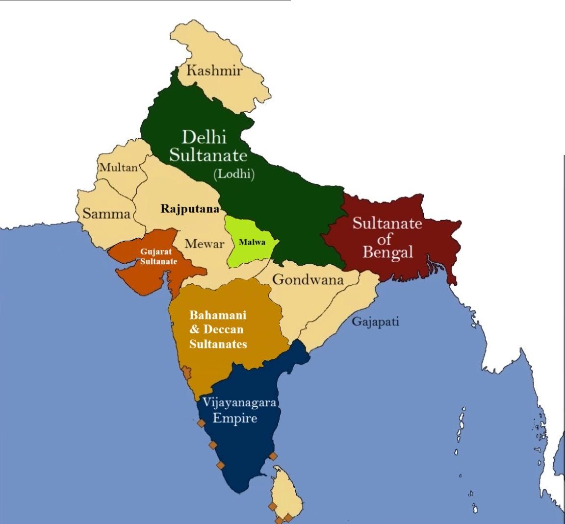India before the entry of Babur as recorded in Baburnama. By 1526 AD, Maharana Sanga had consolidated his rule over Mewar and overlordship over Raputana. He had further personally defeated the sultans of Malwa, Gujarat and Delhi on the battlefield, establishing his authority over Northwestern India. Source: Edited by author