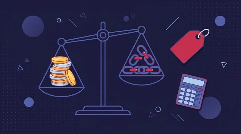 Link building cost illustration: scale weighing coins against backlinks, with a price tag and calculator