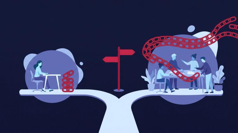 In-house vs outsourced link building illustration: a fork between a solo in-house desk and an agency team