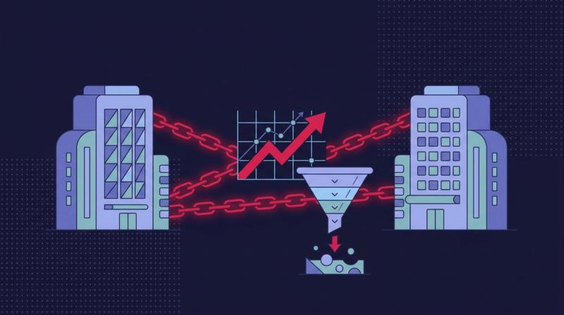 B2B link building illustration: two office buildings connected by links with a revenue chart and pipeline funnel