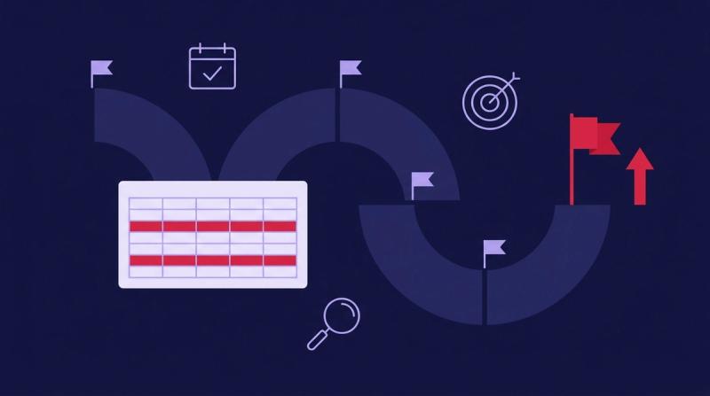 SEO roadmap illustration: a road split into quarters with milestone flags, a roadmap spreadsheet and a red goal flag