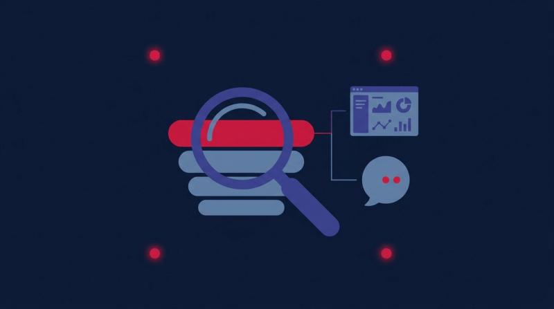 SaaS keyword research illustration: a magnifying glass over a stack of search queries, one highlighted and linked to a software dashboard and a customer conversation