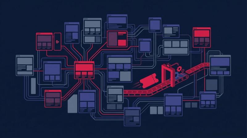 Enterprise SaaS SEO illustration: a network of linked product and help-center pages, with an SEO ticket moving along a conveyor through an approval gate