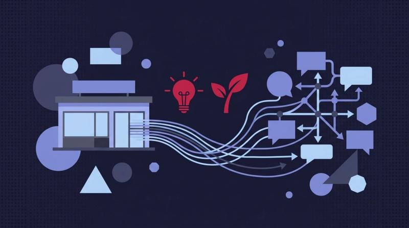 Reddit for business illustration: a business connected to community discussions, with insight and growth icons