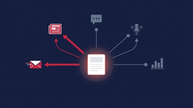 Content distribution strategy illustration: one published article sending content to email, editorial, community, podcast and analytics channels