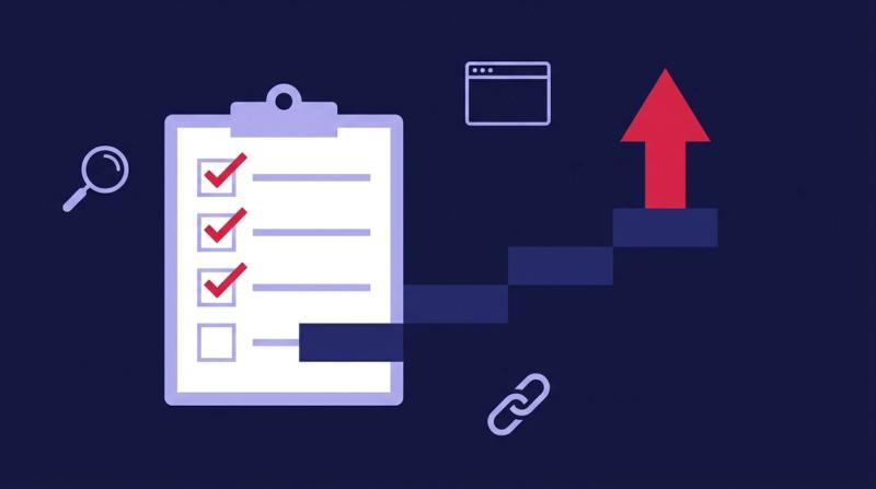 SaaS SEO checklist illustration: a clipboard of ticked tasks next to steps rising to a growth arrow