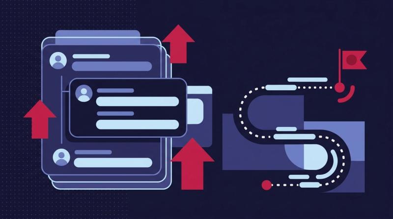 Reddit marketing strategy illustration: upvoted community threads beside a strategy path to a goal flag