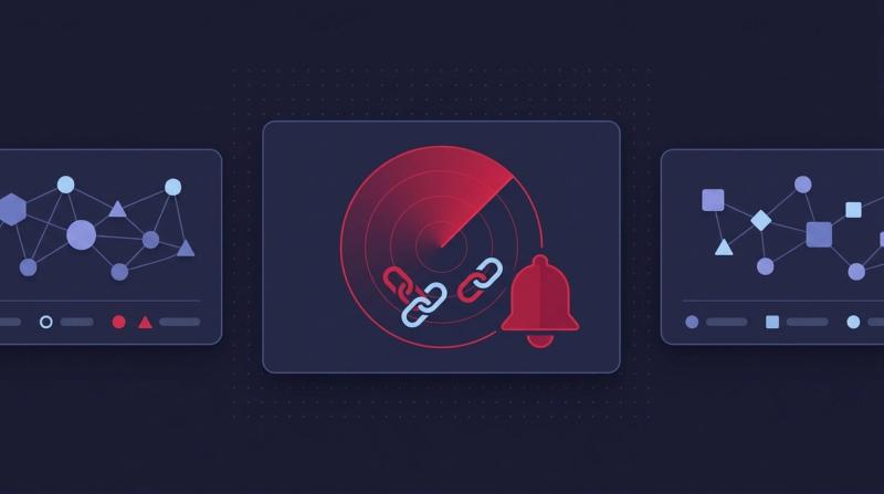Backlink monitoring tools illustration: dashboards and a radar with an alert bell watching backlinks
