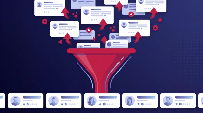 Reddit lead generation illustration: community threads flowing through a funnel into qualified leads