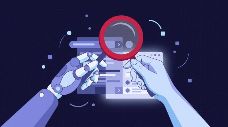 Will AI replace SEO illustration: robot and human hands sharing a magnifying glass over search results