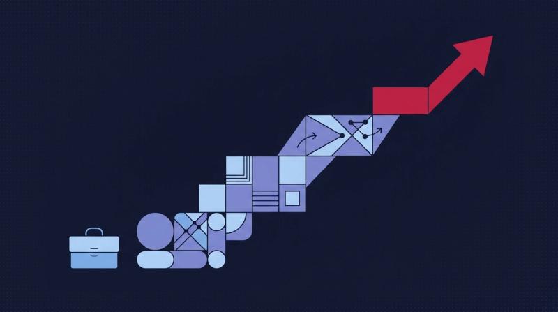 B2B SEO strategy illustration: building blocks forming a staircase to a growth arrow