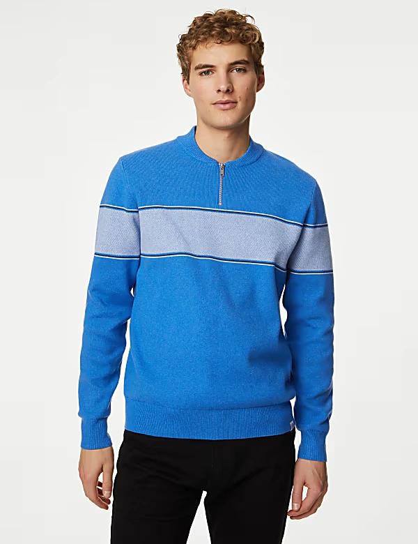 Cotton Blend Block Stripe Zip Up Jumper