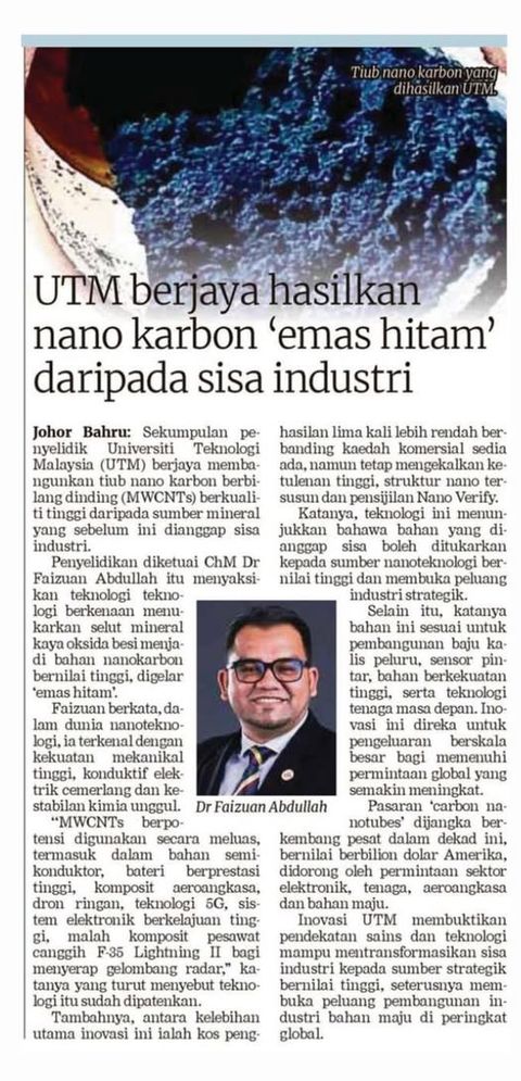 Dari Sisa Industri kepada ‘Emas Hitam’: Inovasi Nano Karbon UTM yang Mencipta Nilai Baharu