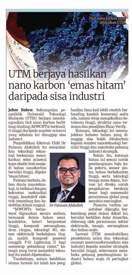 Dari Sisa Industri kepada ‘Emas Hitam’: Inovasi Nano Karbon UTM yang Mencipta Nilai Baharu