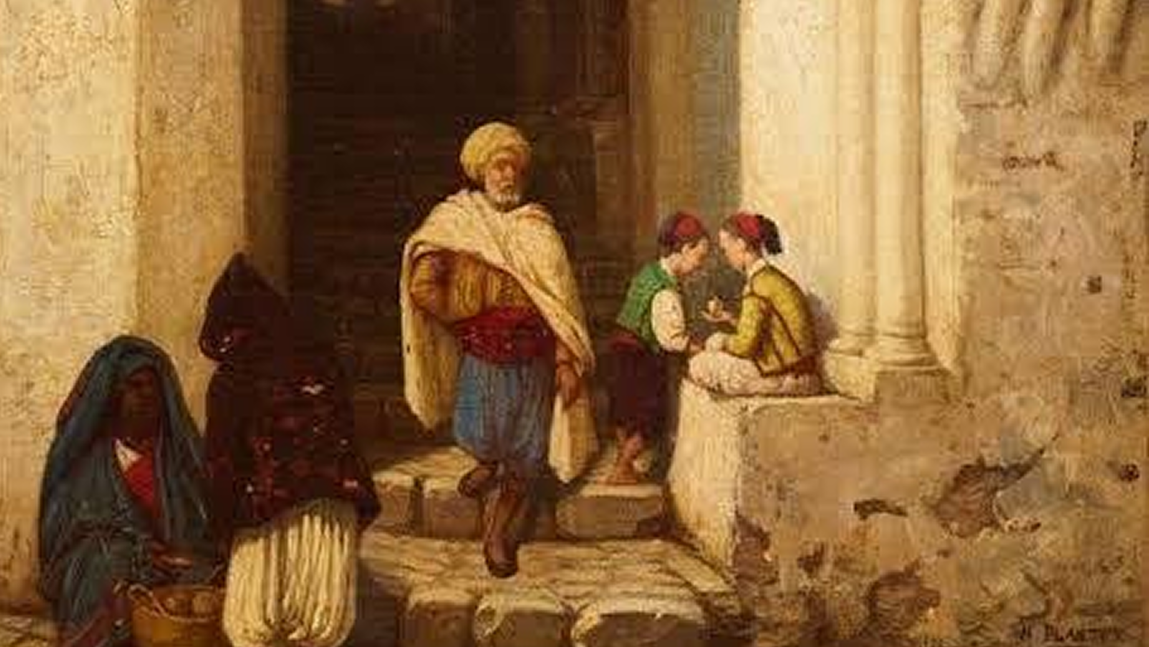 بنرجل نازل من درج قصر، من جانبيه رجلان وطفلان يتحدثان مع بعضها البعض في جو عربي