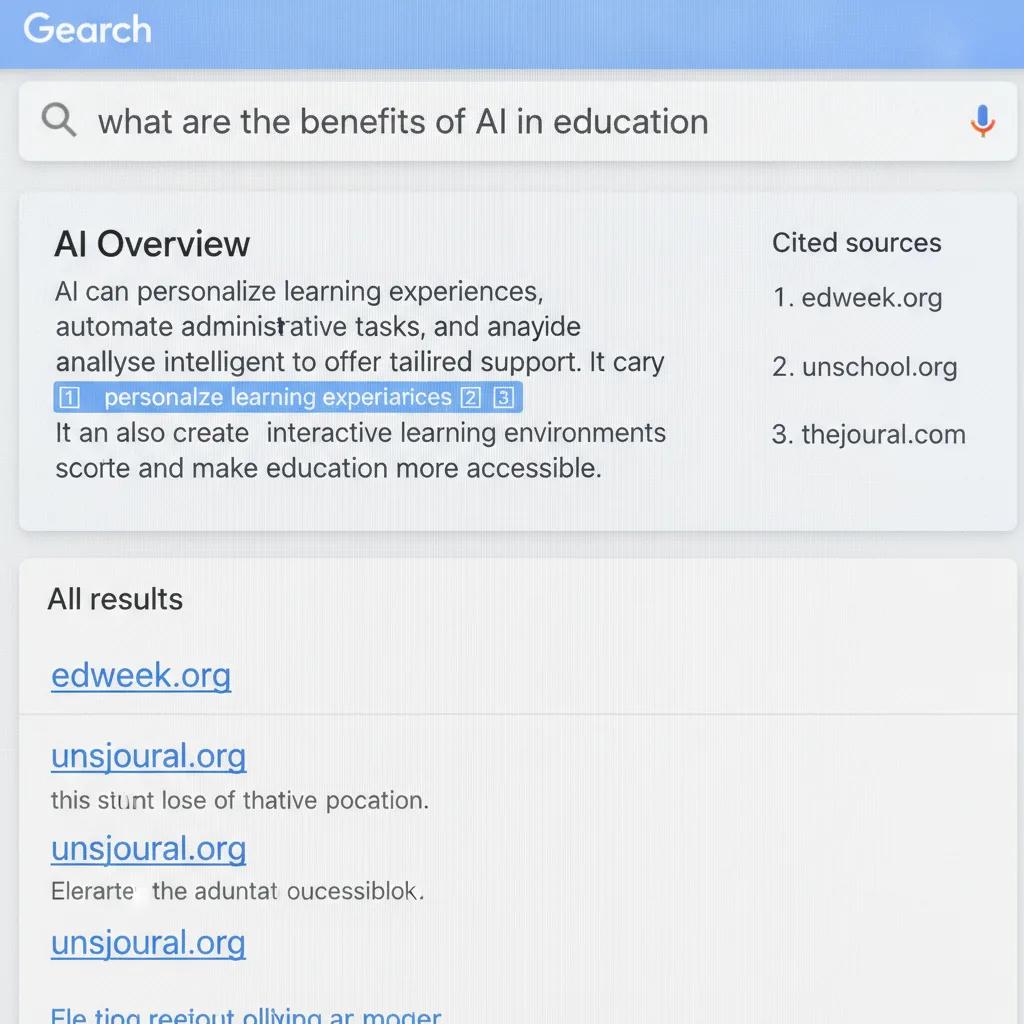 Résultats de recherche Google affichant un bloc AI Overview avec sources citées en évidence