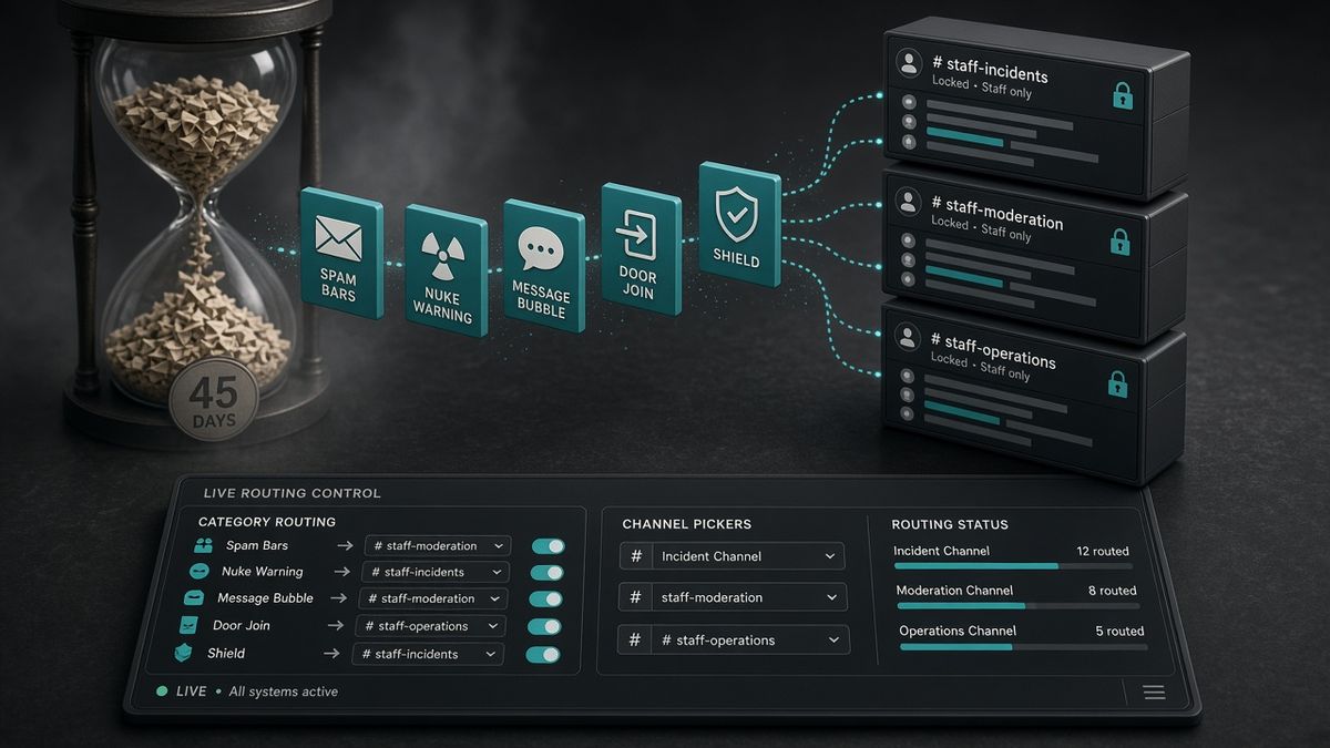 Hourglass of fading paper audit slips behind teal category tiles feeding locked staff log channels