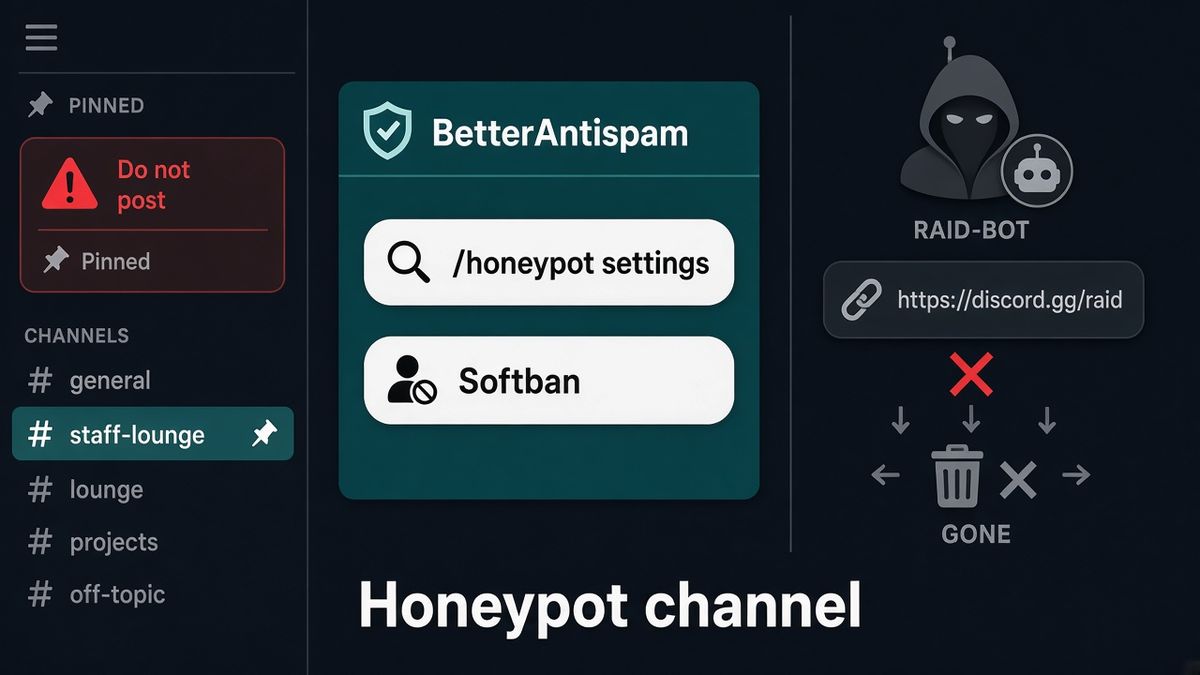 BetterAntispam honeypot panel next to a #staff-lounge trap with a Do not post pin; a raid-bot posts a Discord invite, then is gone