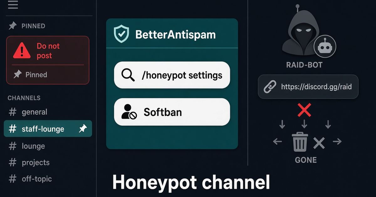 Panel honeypot de BetterAntispam junto a una trampa #staff-lounge con pin Do not post; un raid-bot publica un invite y desaparece