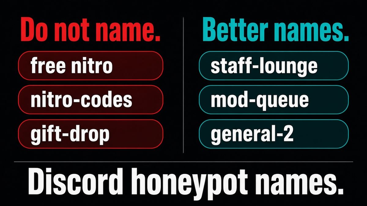 No nombres un honeypot de Discord free-nitro, nitro-codes o gift-drop. Mejores nombres: staff-lounge, mod-queue, general-2