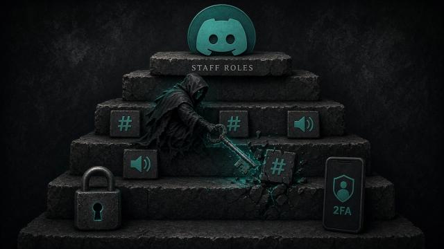 Teal bot role above staff on a Discord hierarchy, with a rogue admin deleting channel tiles and a 2FA phone on the owner step