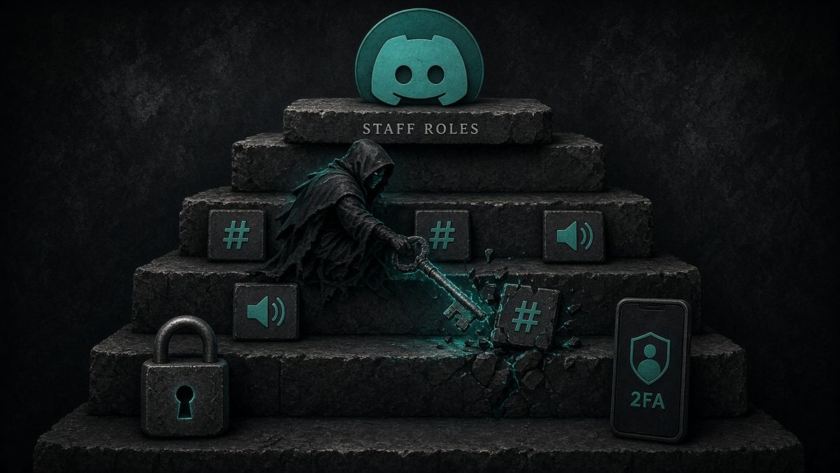Rol teal del bot por encima del staff en una jerarquía de Discord, con un admin hostil borrando canales y un teléfono 2FA en el escalón del owner