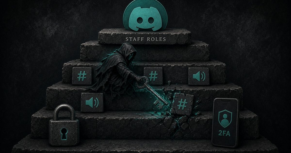 Rol teal del bot por encima del staff en una jerarquía de Discord, un admin hostil borrando canales y un teléfono 2FA en el escalón del owner