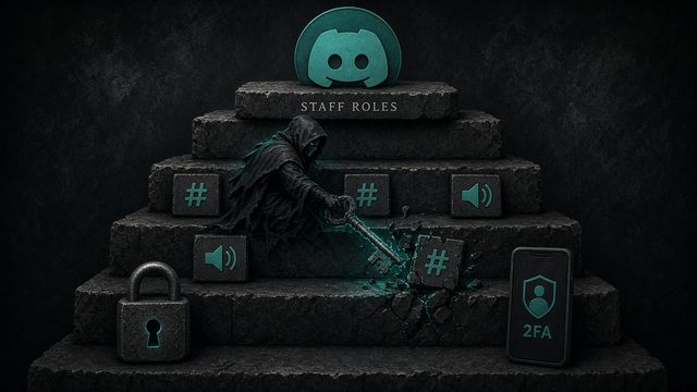 Teal bot role above staff on a Discord hierarchy, with a rogue admin deleting channel tiles and a 2FA phone on the owner step