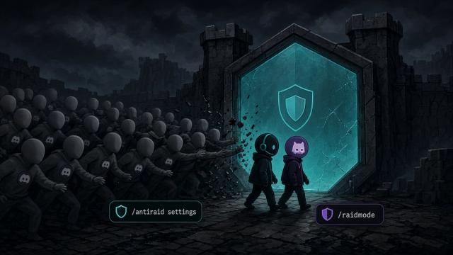 Teal hexagonal gate stopping a wave of identical gray raid accounts while two real members walk through, with /antiraid settings and /raidmode chips