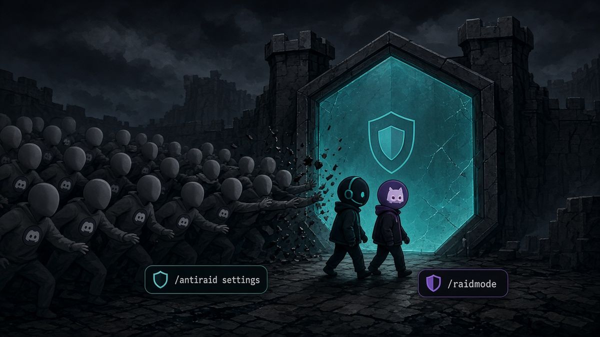 Teal hexagonal gate stopping a wave of identical gray raid accounts while two real members walk through, with /antiraid settings and /raidmode chips