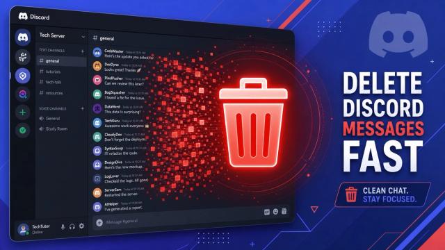 Discordのチャンネル一覧がゴミ箱に溶け込み、Delete Discord messages fastと書かれた画像