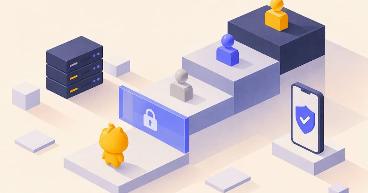 Isometric illustration of a Discord role hierarchy with a lock, a server, and a 2FA phone
