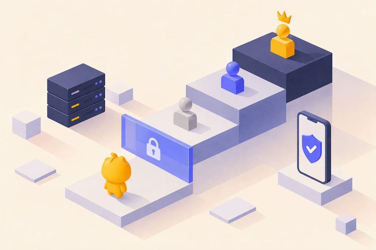Isometric illustration of a Discord role hierarchy with a lock, a server, and a 2FA phone