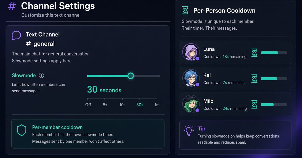 暗いDiscord風のチャンネル設定。Slowmodeスライダーが30秒、3人のメンバーがそれぞれ砂時計を持っている