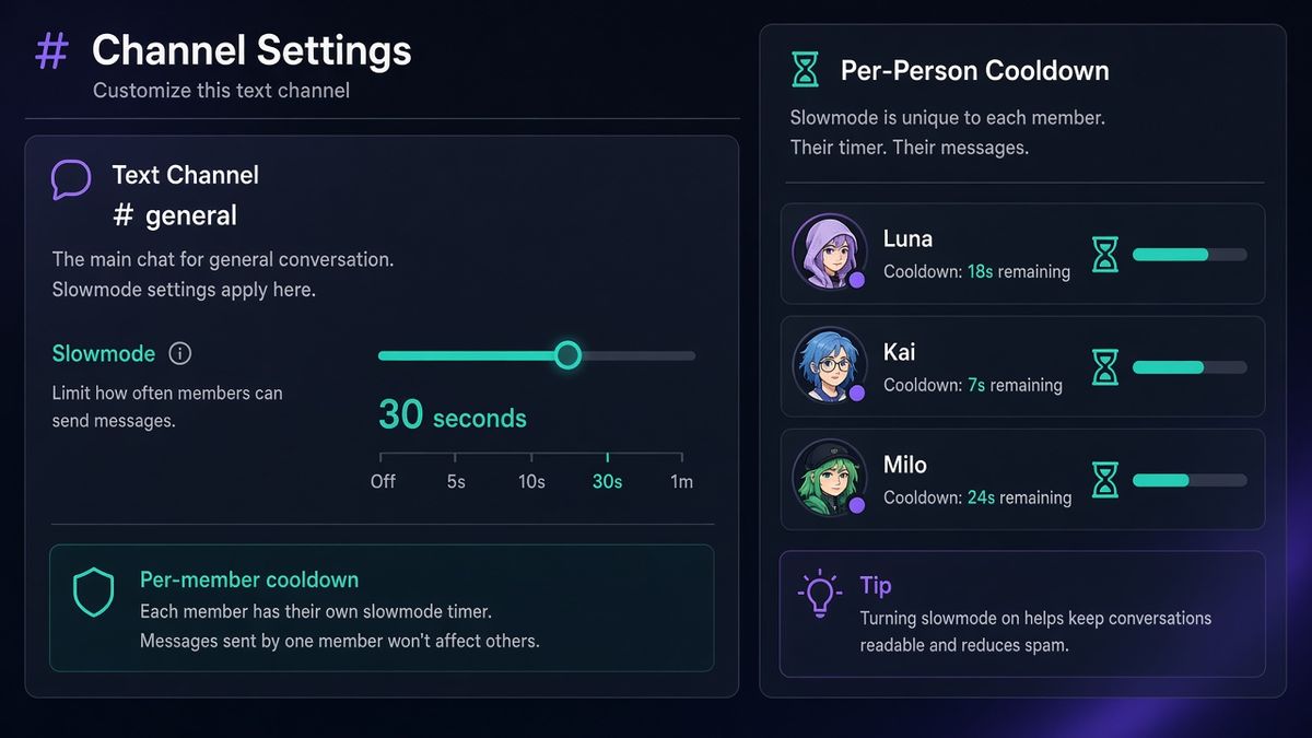 Configurações de canal estilo Discord escuras com o controle Slowmode em 30 segundos e três membros com ampulheta própria