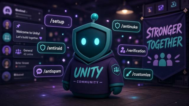 セットアップ、antiraid、antispam、antinuke、verification、customizeのスラッシュコマンドに囲まれた青緑のコミュニティBot