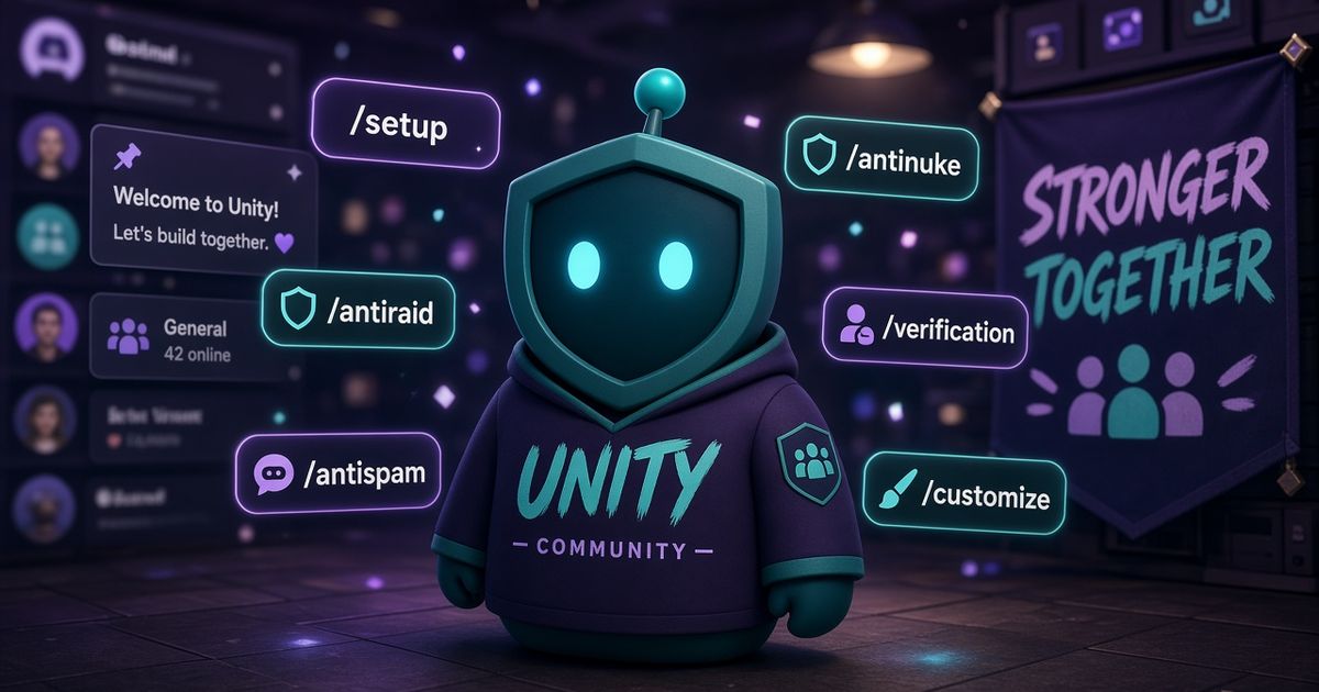 Bot communautaire bleu-vert dans un serveur style Discord entouré de slash commands setup, antiraid, antispam, antinuke, verification et customize