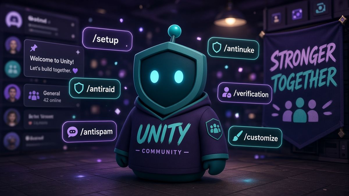 Bot communautaire bleu-vert dans un serveur style Discord entouré de slash commands setup, antiraid, antispam, antinuke, verification et customize