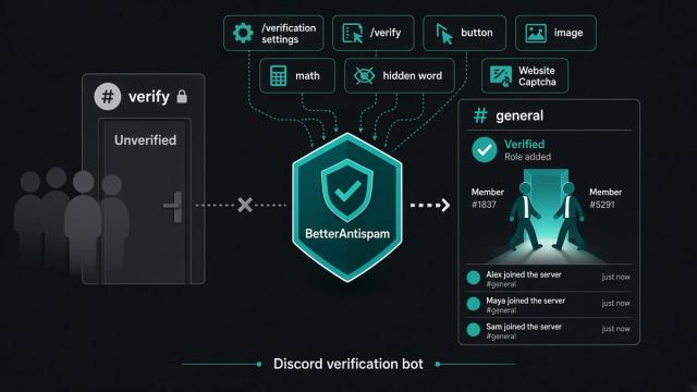 Teal BetterAntispam shield at a Discord #verify gate with unverified accounts waiting and two members entering #general after a Verified role