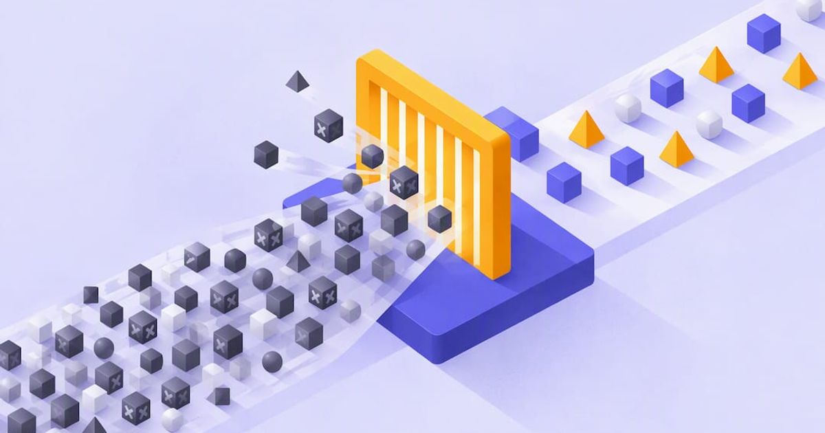 Isometric illustration of AI moderation filtering raid activity