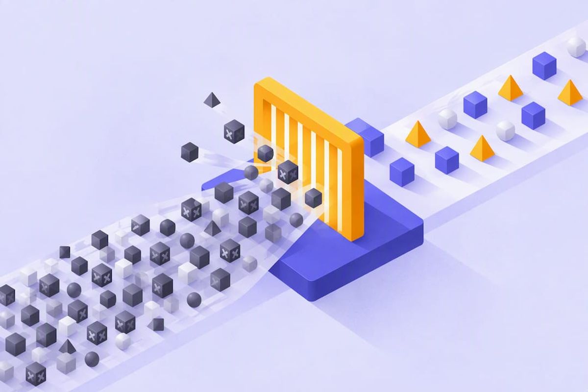 Isometric illustration of AI moderation filtering raid activity