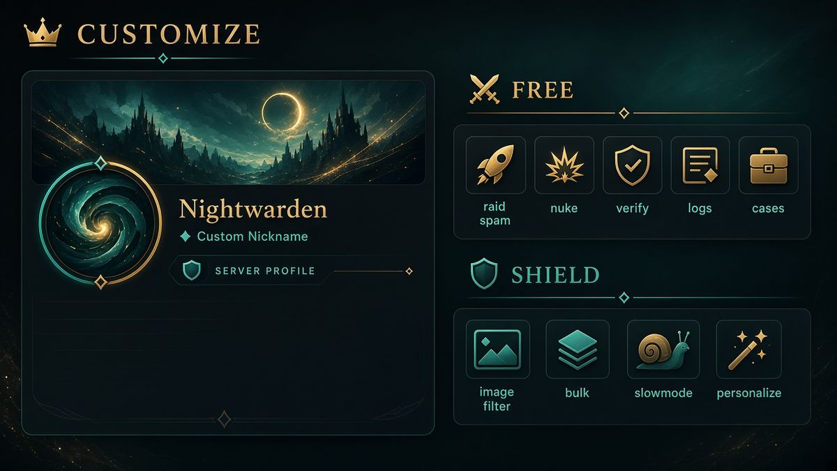 Panneau customize Discord avec surnom, avatar et bannière custom à côté des tuiles Free et Shield