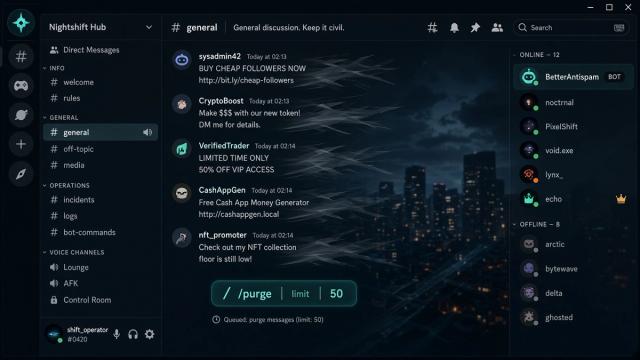 暗いDiscord風の#general。ティールの /purge limit 50 チップと消えていく最近のメッセージ