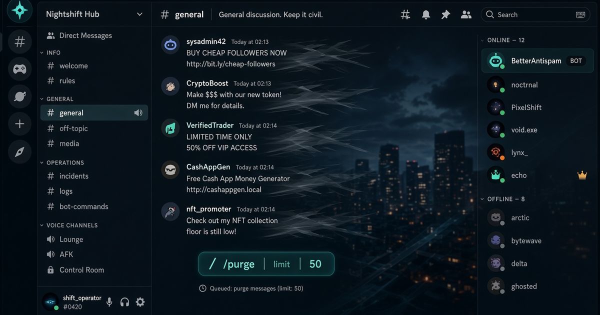 Dark Discord-style #general chat with a teal /purge limit 50 command chip and recent messages fading out