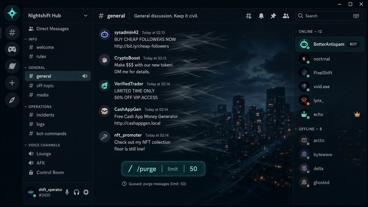 Dark Discord-style #general chat with a teal /purge limit 50 command chip and recent messages fading out
