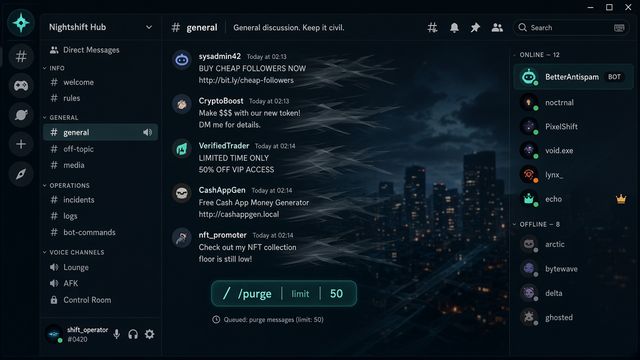 暗いDiscord風の#general。ティールの /purge limit 50 チップと消えていく最近のメッセージ