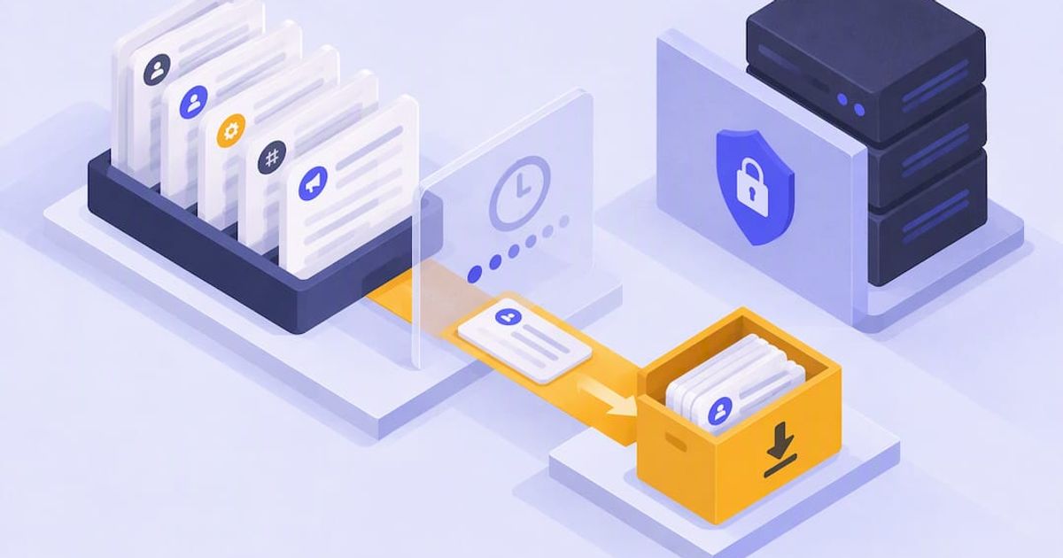 Isometric illustration of Discord audit log records moving on a timer into a locked export archive
