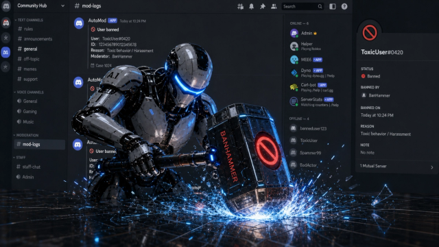 AutoModのBANログがあるDiscordサーバーの上で赤いBANHAMMERを構える白いロボット