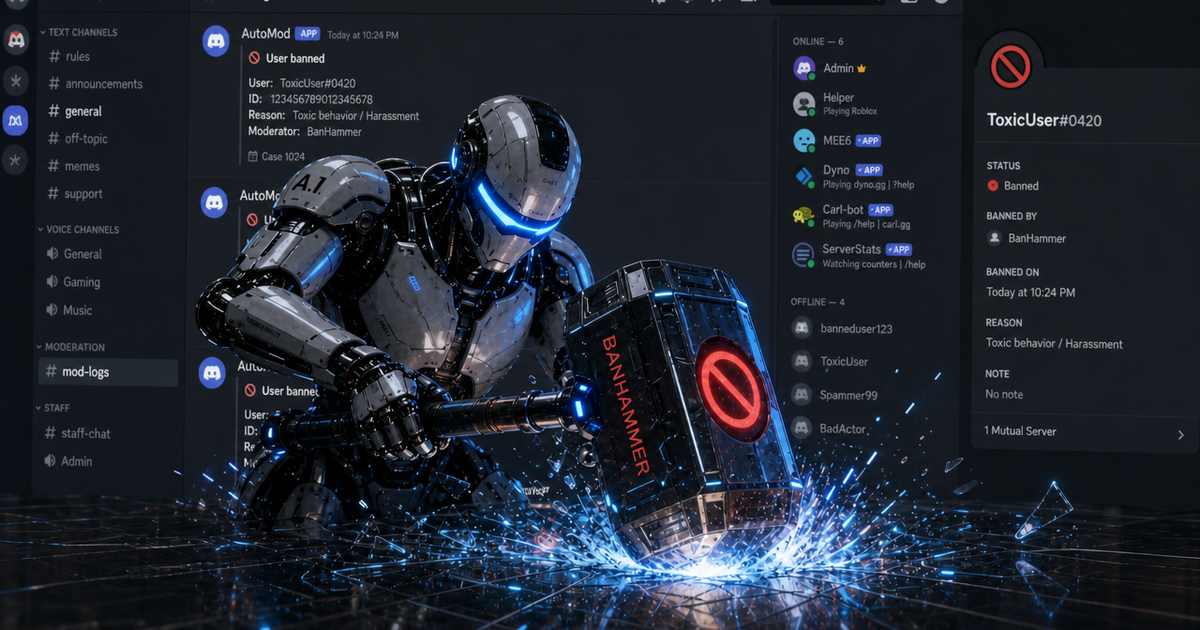 White robot kneeling with a red BANHAMMER mallet over a Discord server showing AutoMod ban logs