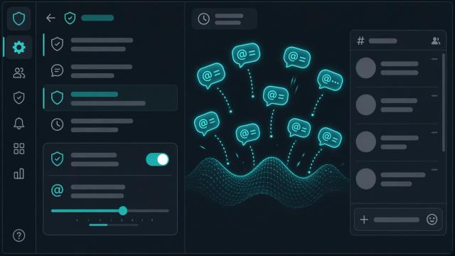 Dark Discord-style AutoMod panel blocking neon spam bubbles before they reach #general
